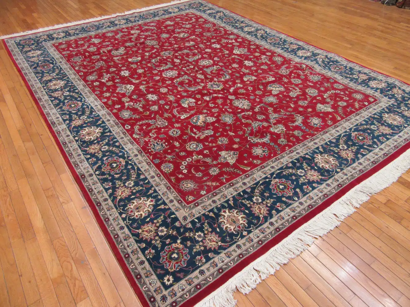 9' x 13' Pakistani Kashan Design Rug – Red & Navy Traditional Hand-Knotted Wool - Image 6