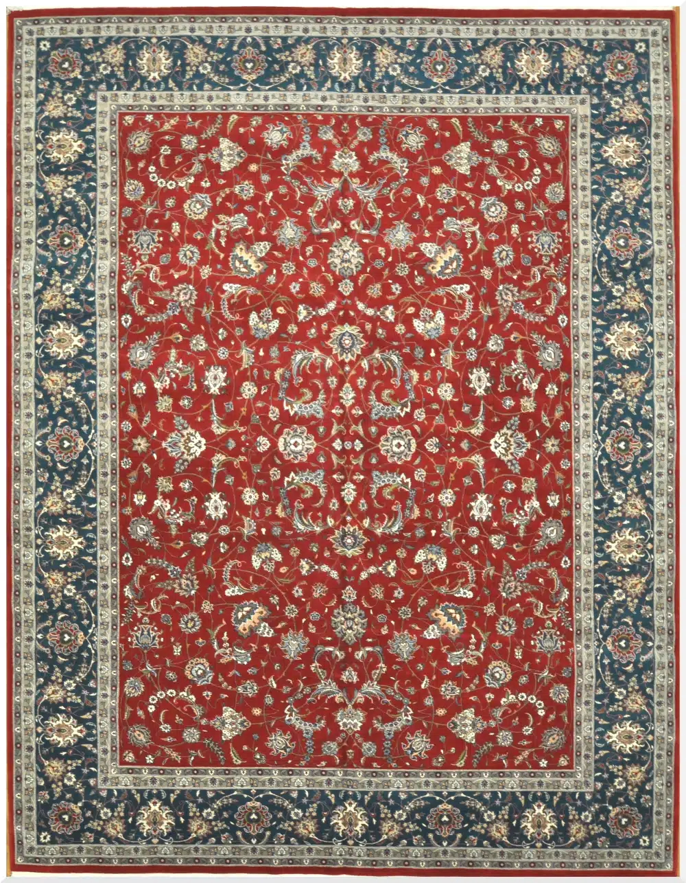 9' x 13' Pakistani Kashan Design Rug – Red & Navy Traditional Hand-Knotted Wool