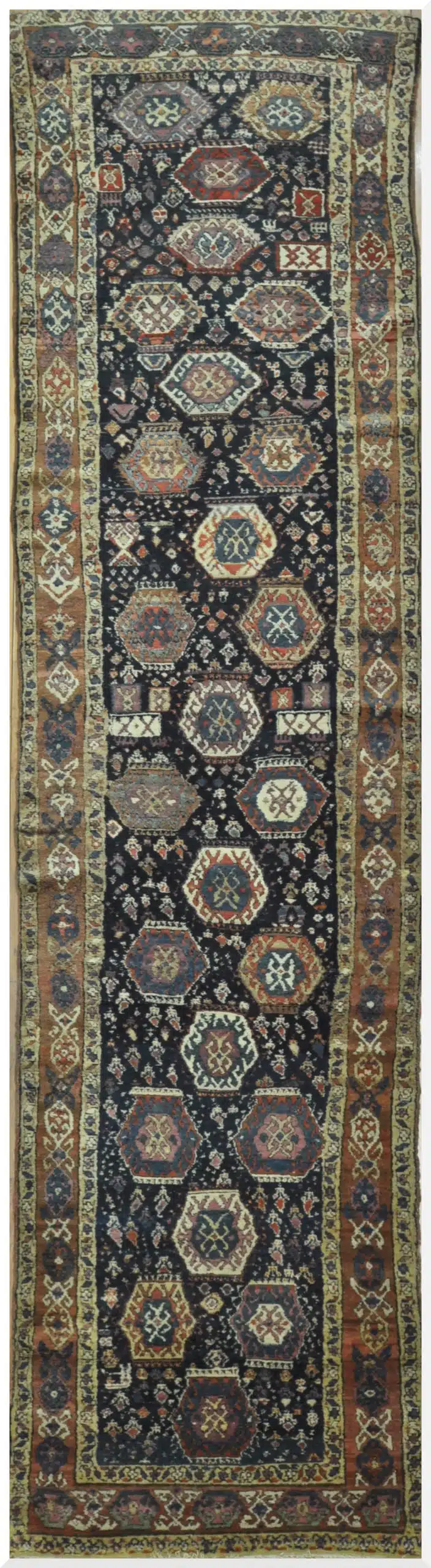 3' x 13' Antique Caucasian Ganjeh Navy Tribal Runner Rug – Traditional Wool