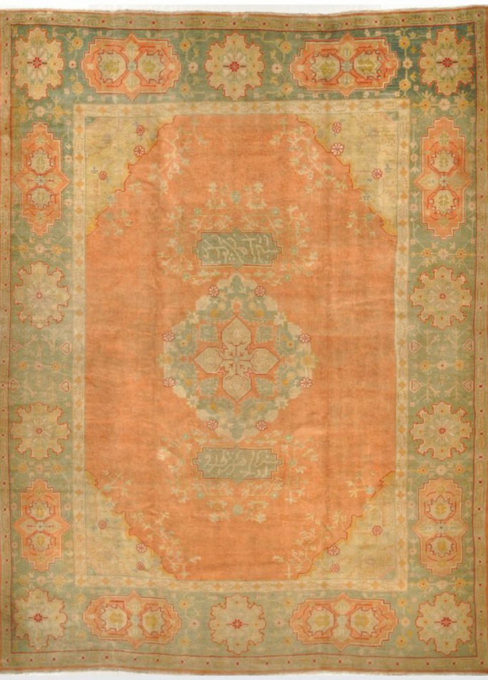 Antique Hand Knotted Angora Wool Salmon Color Turkish Oushak Rug