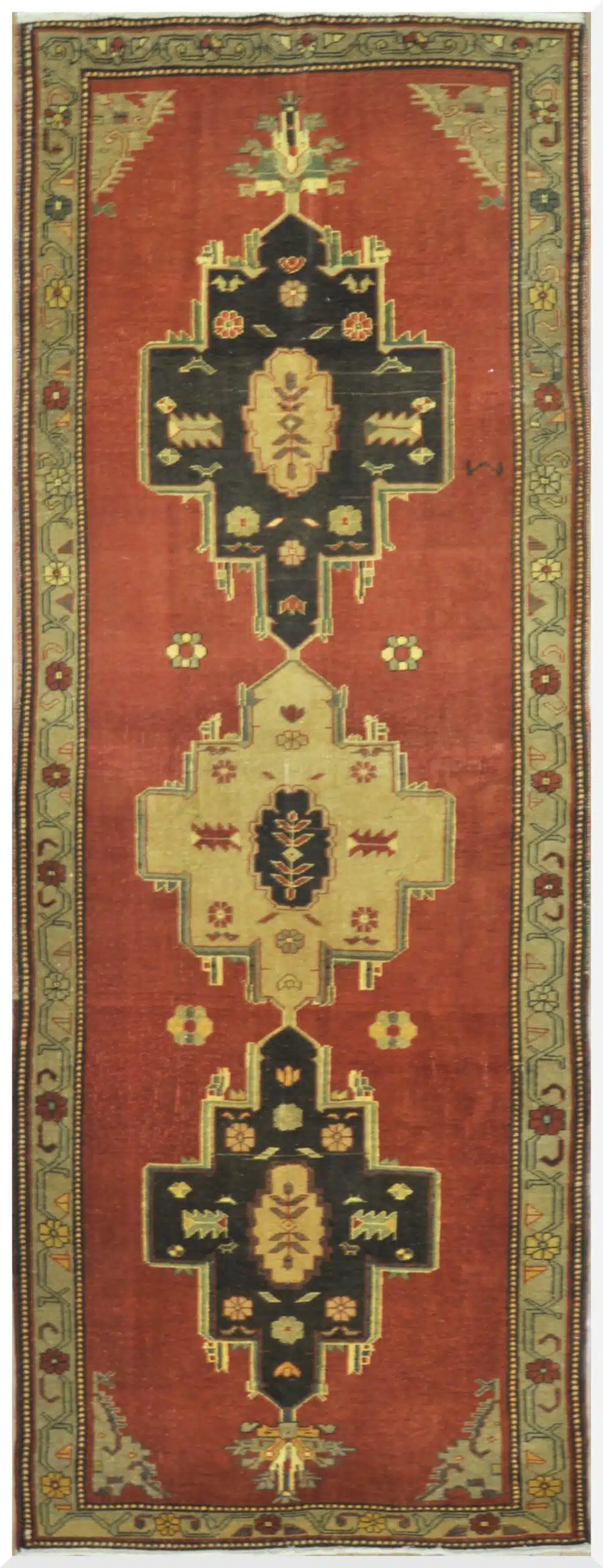 4' x 10' Vintage Red Anatolian Triple Medallion Turkish Runner Rug – Traditional Wool