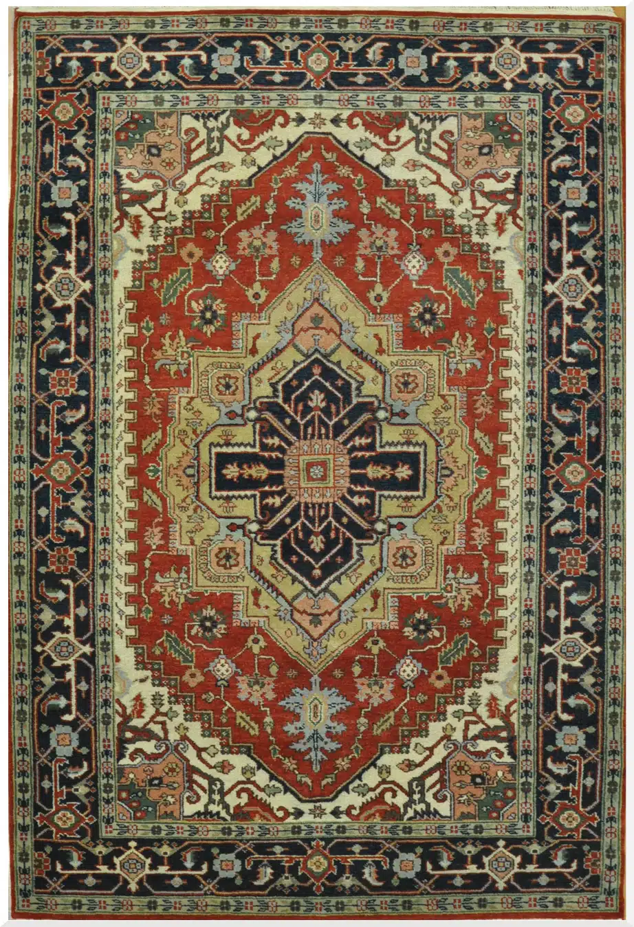 6' x 9' Red Fine Hand-Knotted Indian Serapi Design Rug – Traditional Wool