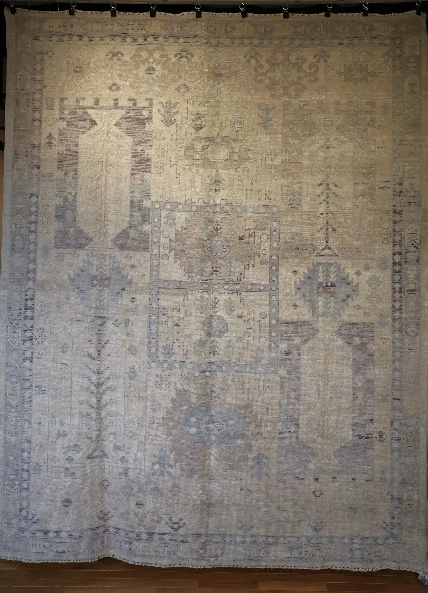 9' x 12' Turkey Neutral-Ivory & Soft Blue Oushak Rug ? Traditional Handwoven Wool