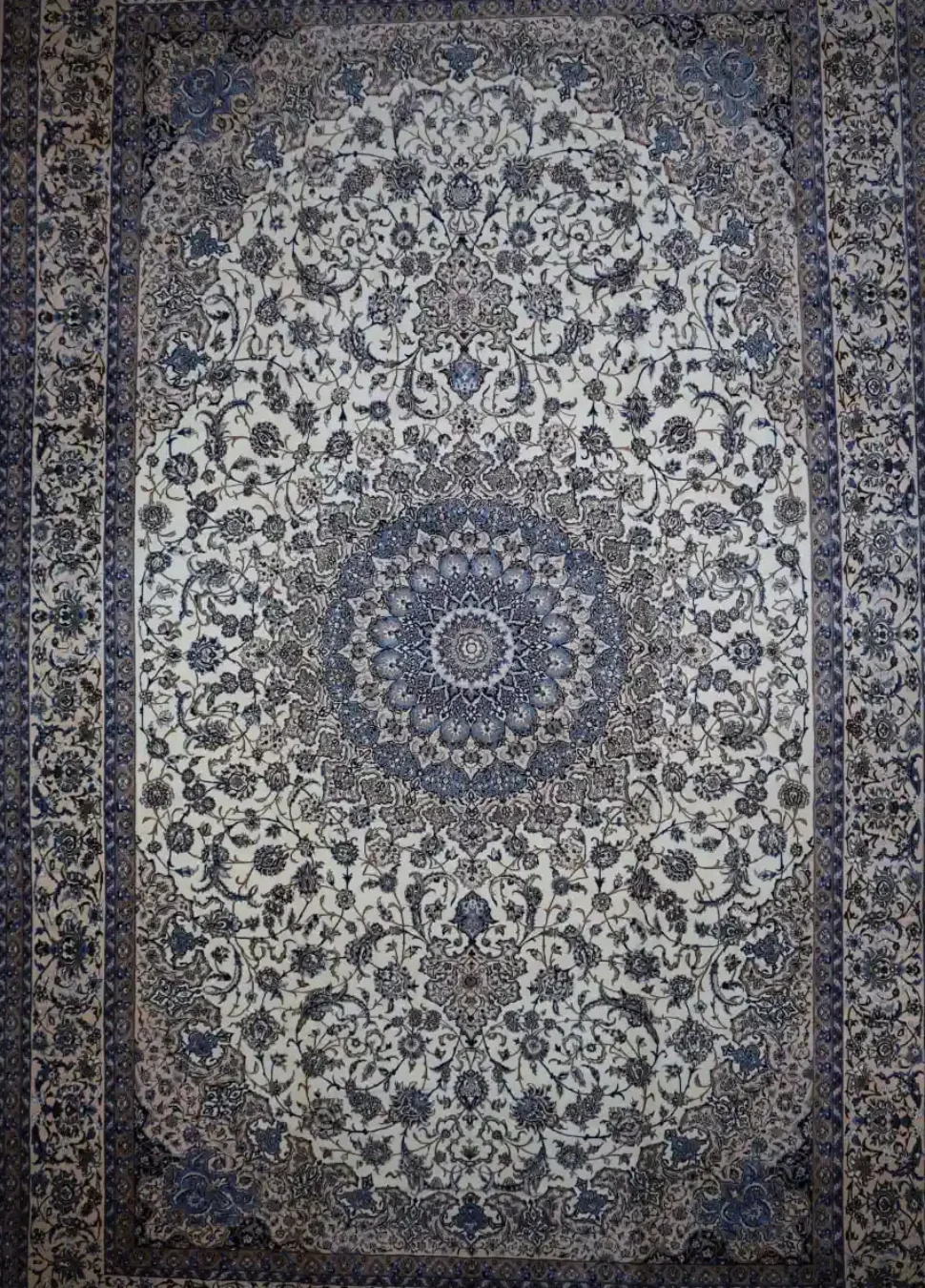 15′ x 26′ Nain Ivory & Blue Floral Rug ? Traditional Handmade Wool & Silk
