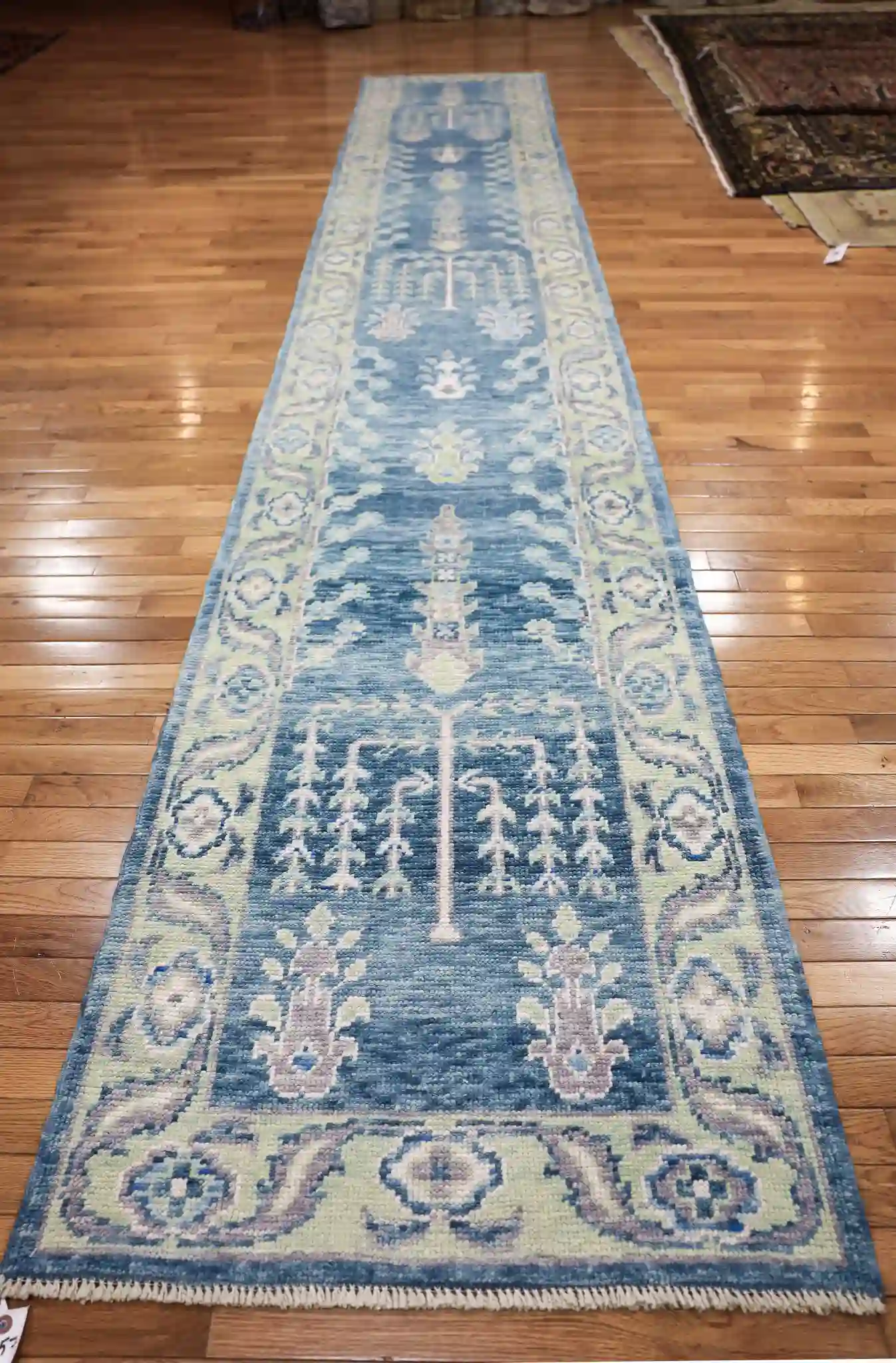 3' x 16' Blue Fine Hand-Knotted Turkish Oushak Runner Rug– Traditional Wool - Image 2