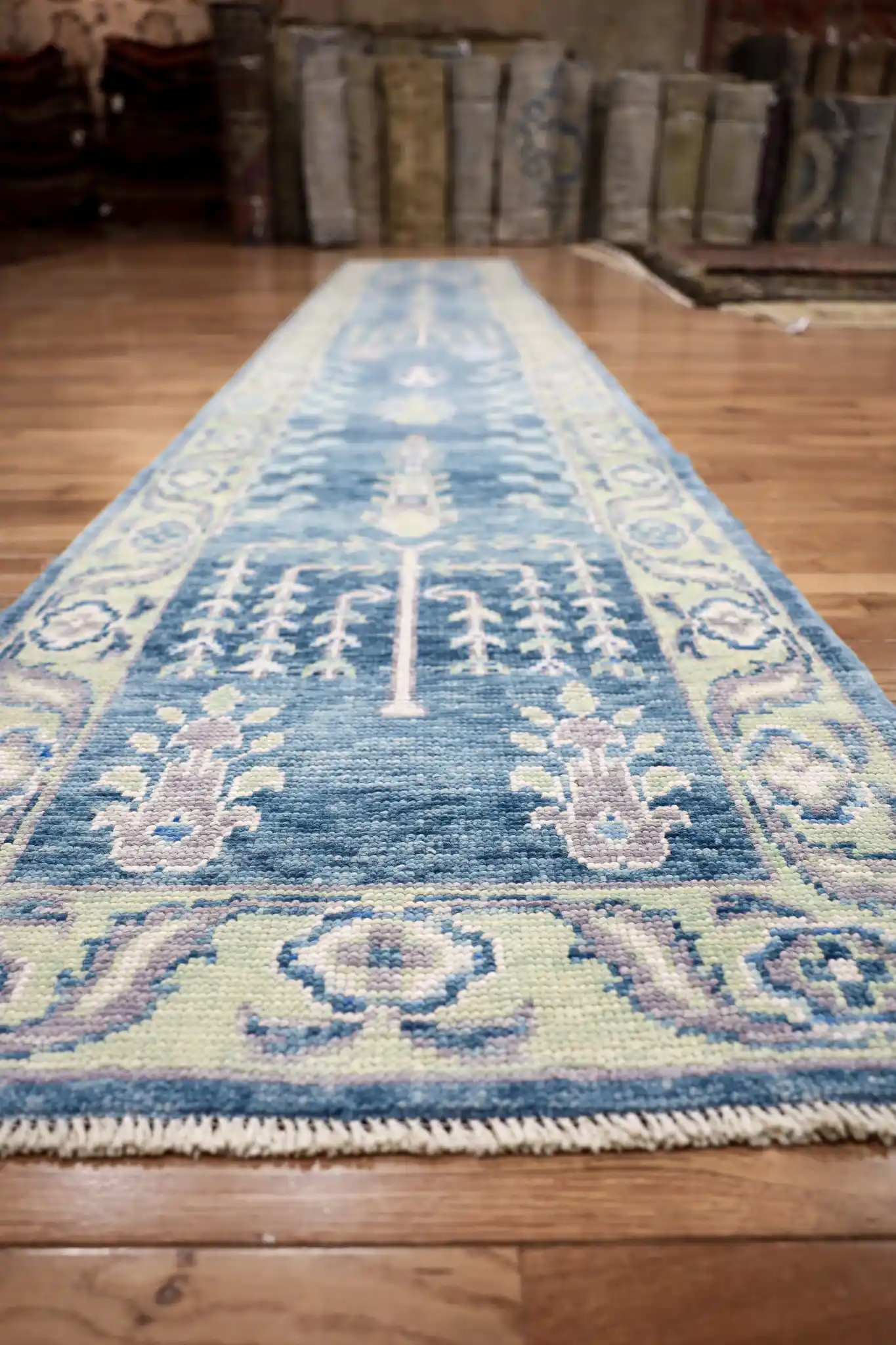 3' x 16' Blue Fine Hand-Knotted Turkish Oushak Runner Rug– Traditional Wool - Image 4