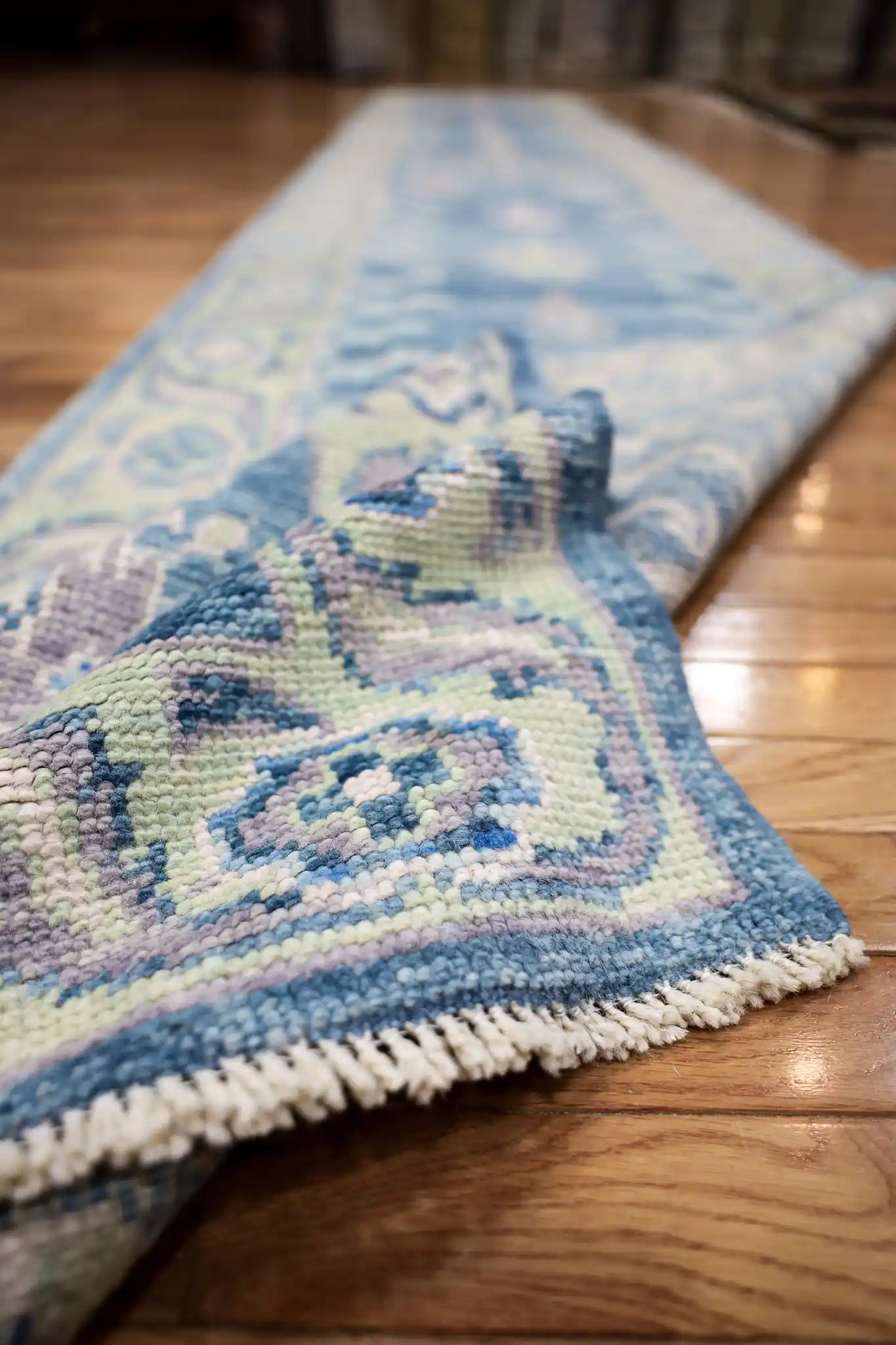 3' x 16' Blue Fine Hand-Knotted Turkish Oushak Runner Rug– Traditional Wool - Image 3