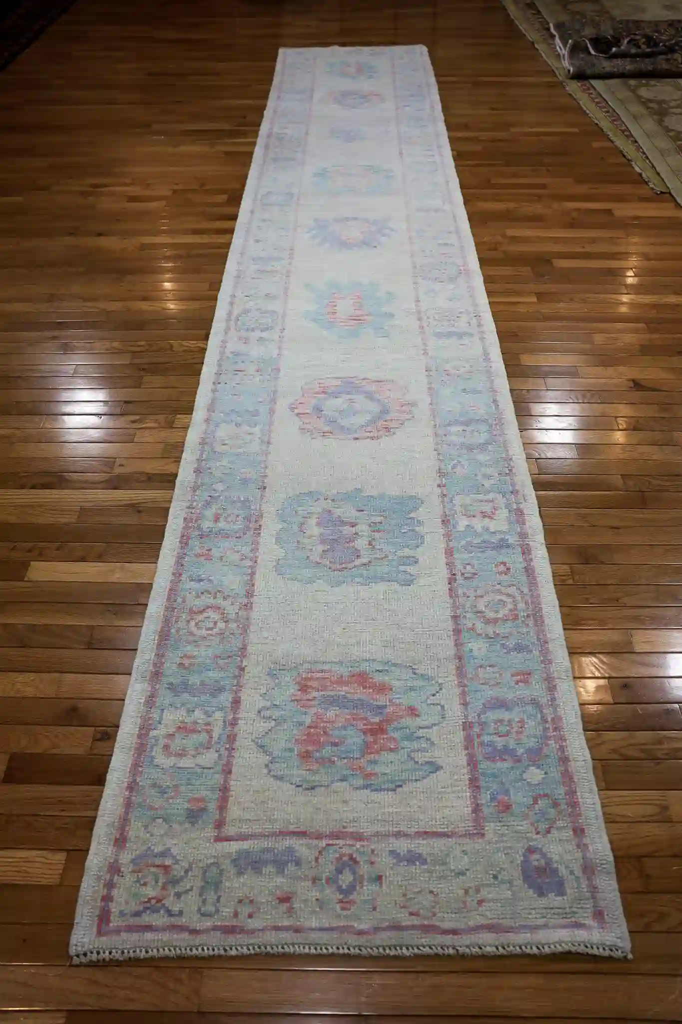 3' x 16' Light Blue Fine Hand-Knotted Turkish Oushak Runner Rug – Traditional Wool - Image 2