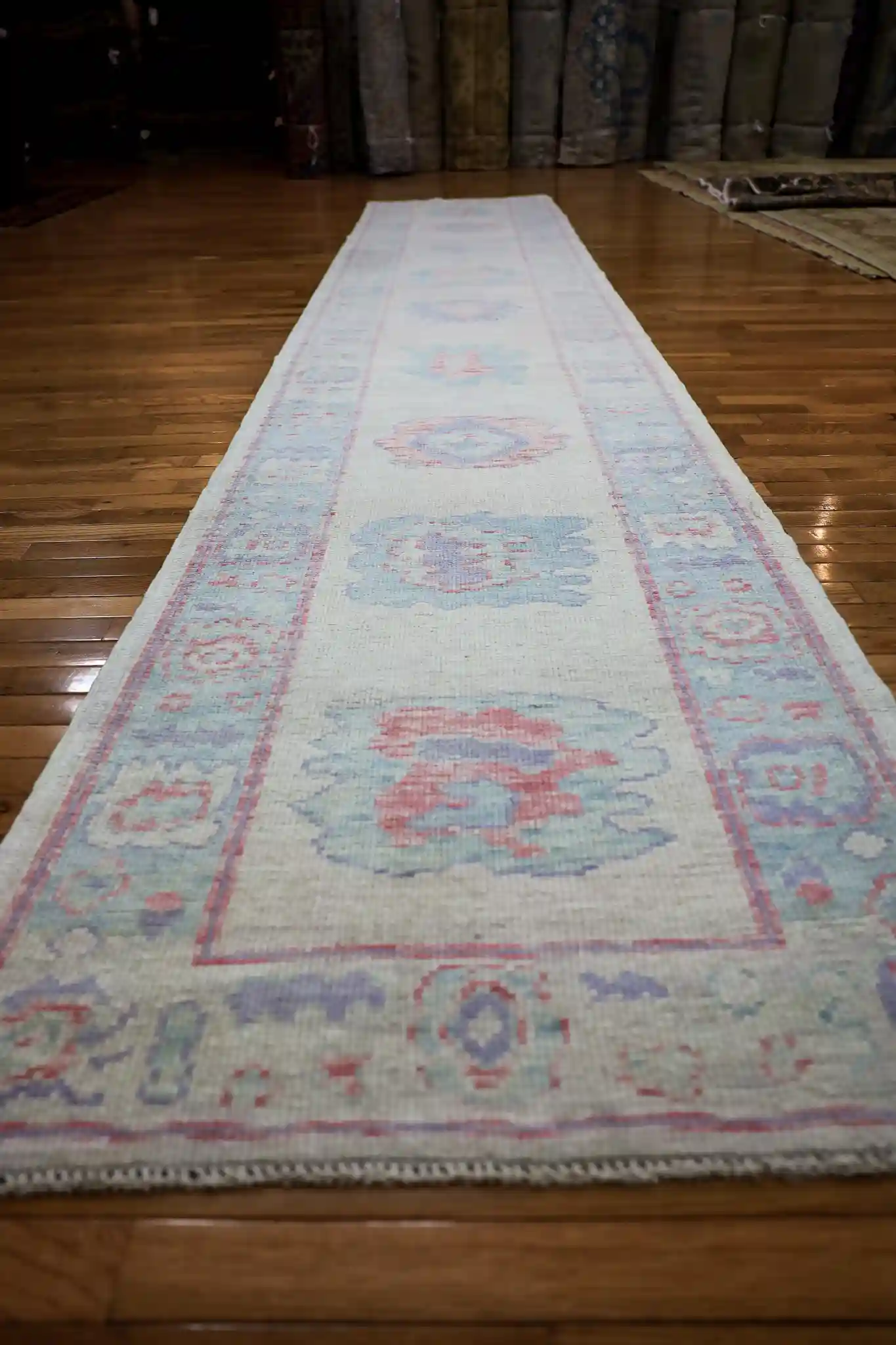 3' x 16' Light Blue Fine Hand-Knotted Turkish Oushak Runner Rug – Traditional Wool - Image 3