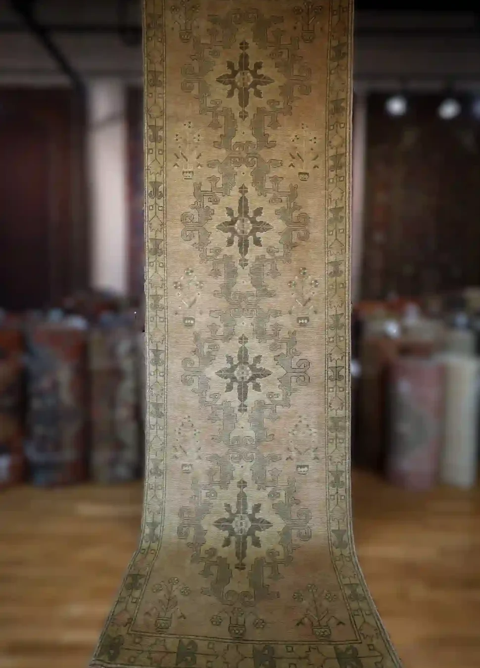 4′ x 13′ Beige Fine Hand-Knotted Vintage Turkish Oushak Runner – Traditional Wool