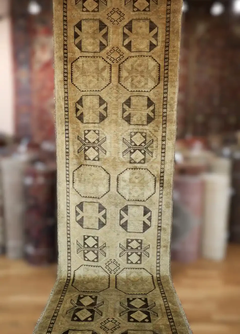4′ x 14′ Beige Fine Hand-Knotted Vintage Turkish Oushak Runner – Traditional Wool