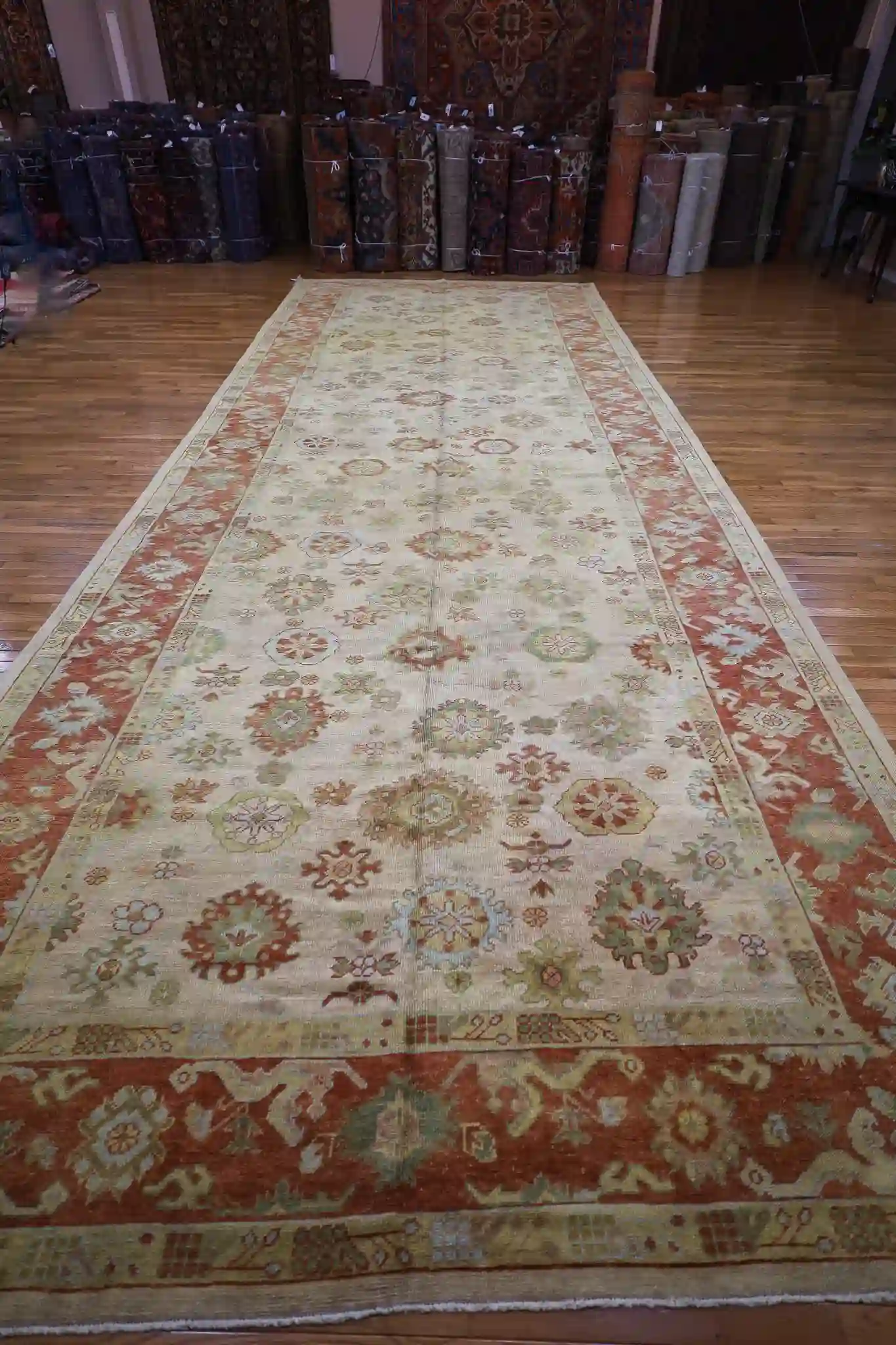 9' x 25' Beige Fine Hand-Knotted Turkish Oushak Runner Rug – Vintage Wool - Image 2