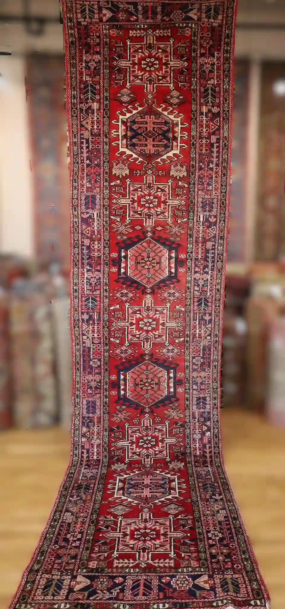 4' x 15' Red Fine Hand-Knotted Persian Heriz Runner – Traditional Wool